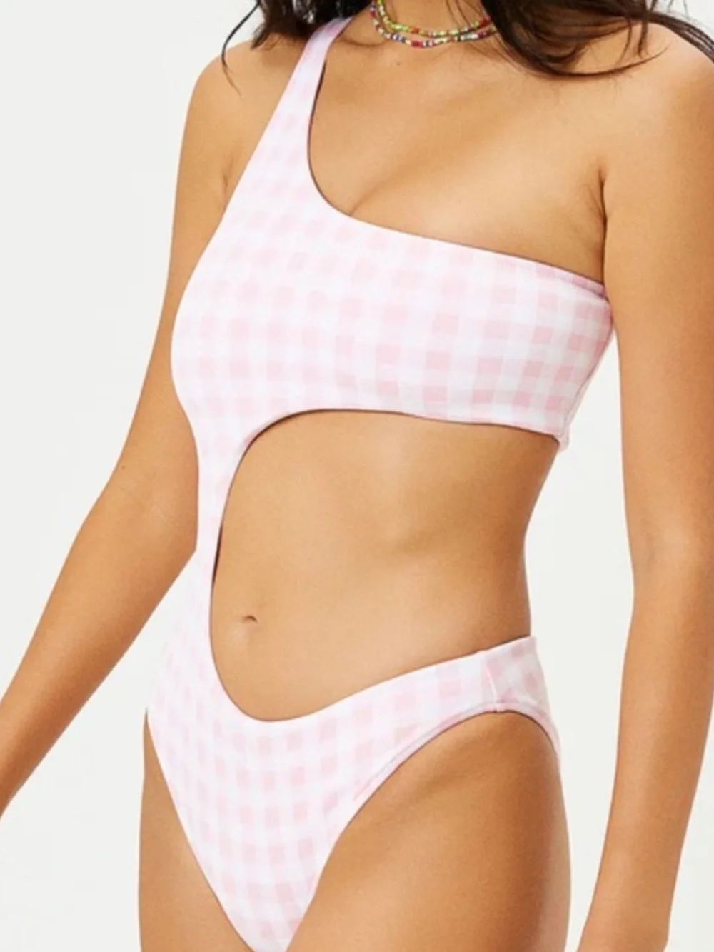 NWOT FRANKIES Bikinis cash one piece one shoulder in pink picnic gingham size S